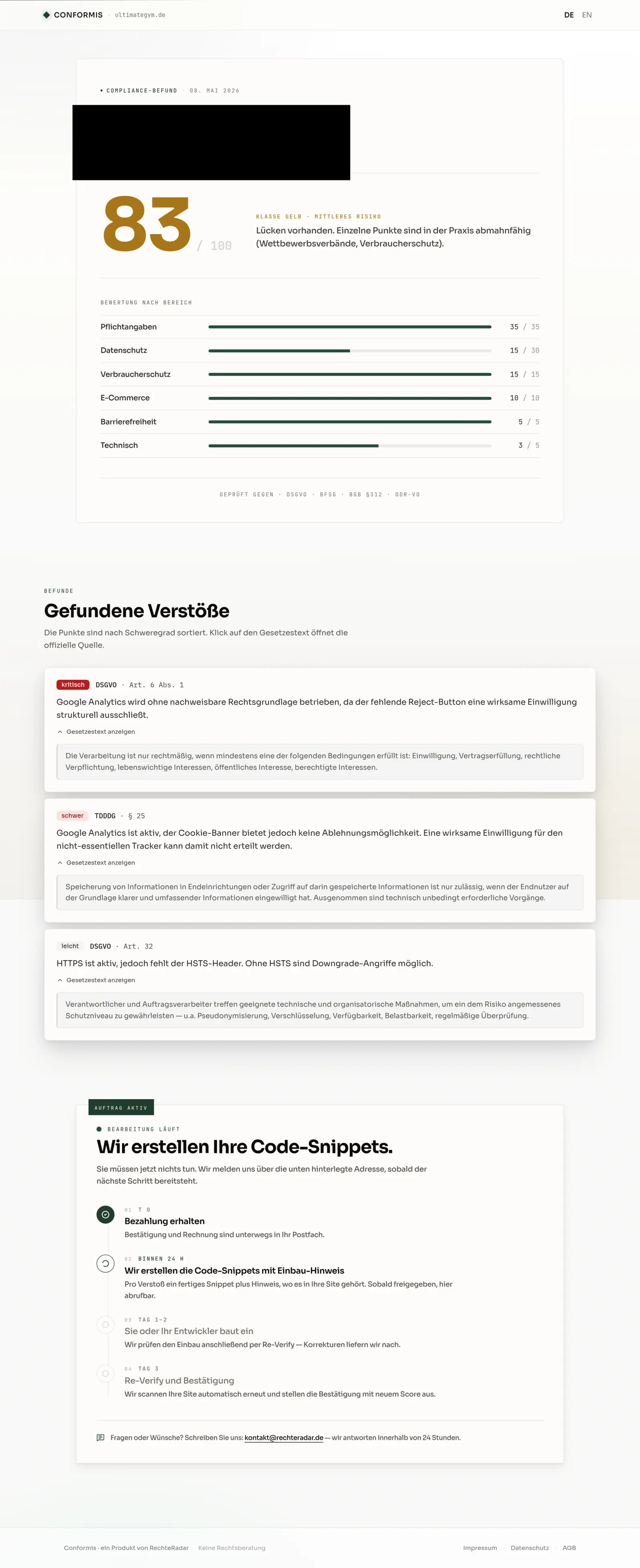 Realer RechteRadar-Compliance-Bericht — Score, Sub-Kategorien, Verstöße und Code-Snippet-Roadmap; Lead-Name anonymisiert